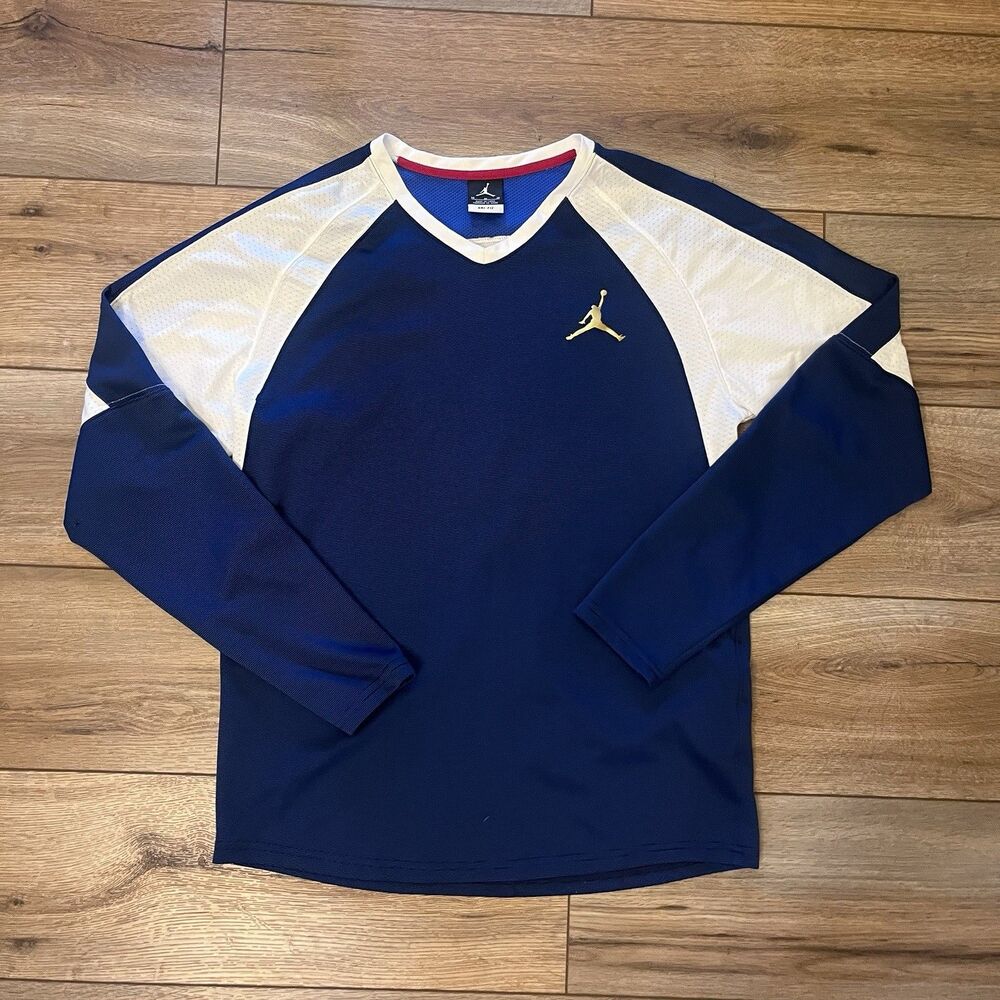 Jordan Dri Fit White Blue Gold Long Sleeve Jumpman Tee T-Shirt Jersey Men's M
